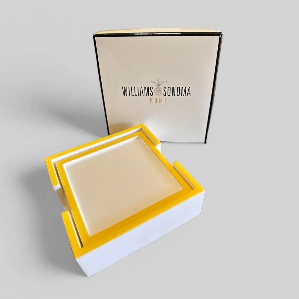 Williams Sonoma Coaster Set Of 4 Square White W/Yellow Trim Open Box